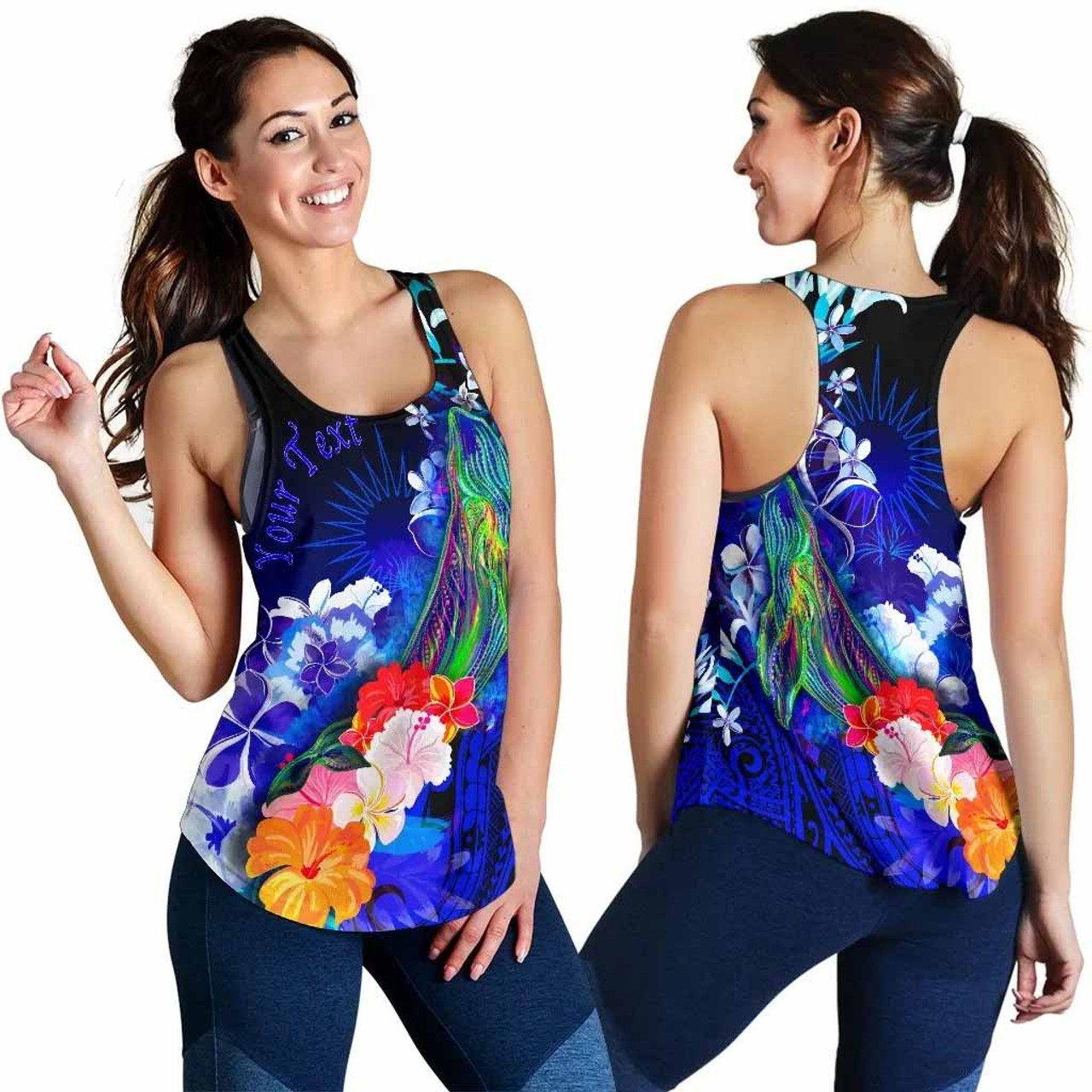 Marshall Islands Custom Personalised Women Racerback Tank - Humpback Whale with Tropical Flowers (Blue) 4