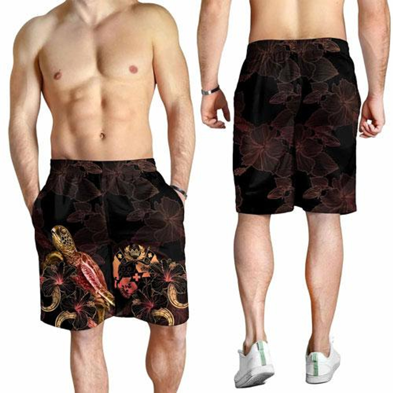 Tonga Polynesian Men Shorts - Turtle With Blooming Hibiscus Gold 2