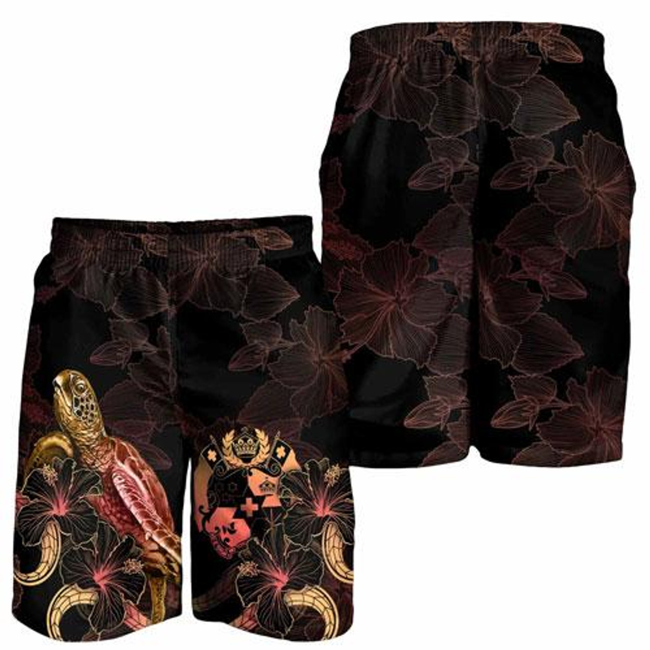 Tonga Polynesian Men Shorts - Turtle With Blooming Hibiscus Gold 4