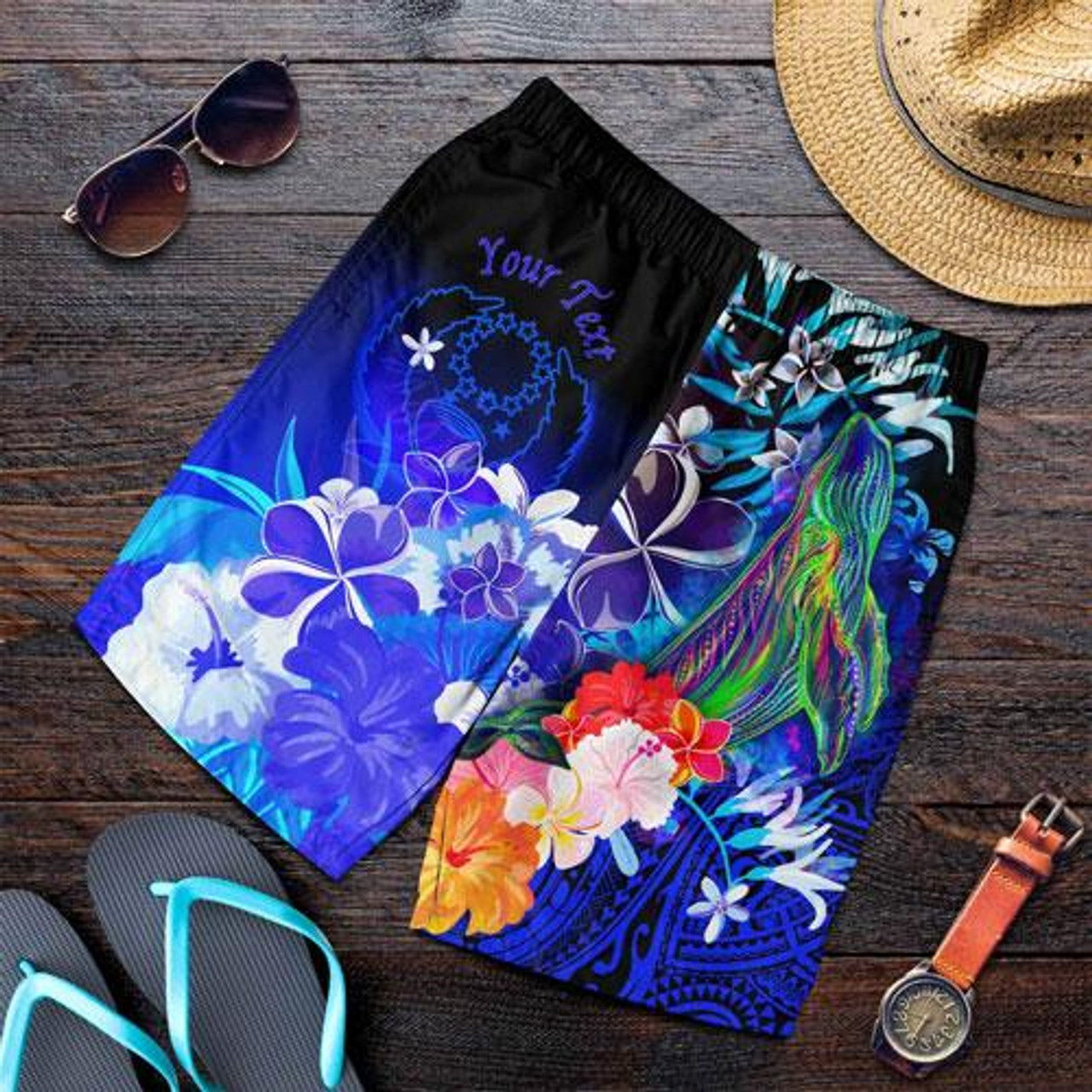 Pohnpei Custom Personalised Men Shorts - Humpback Whale with Tropical Flowers (Blue) 1