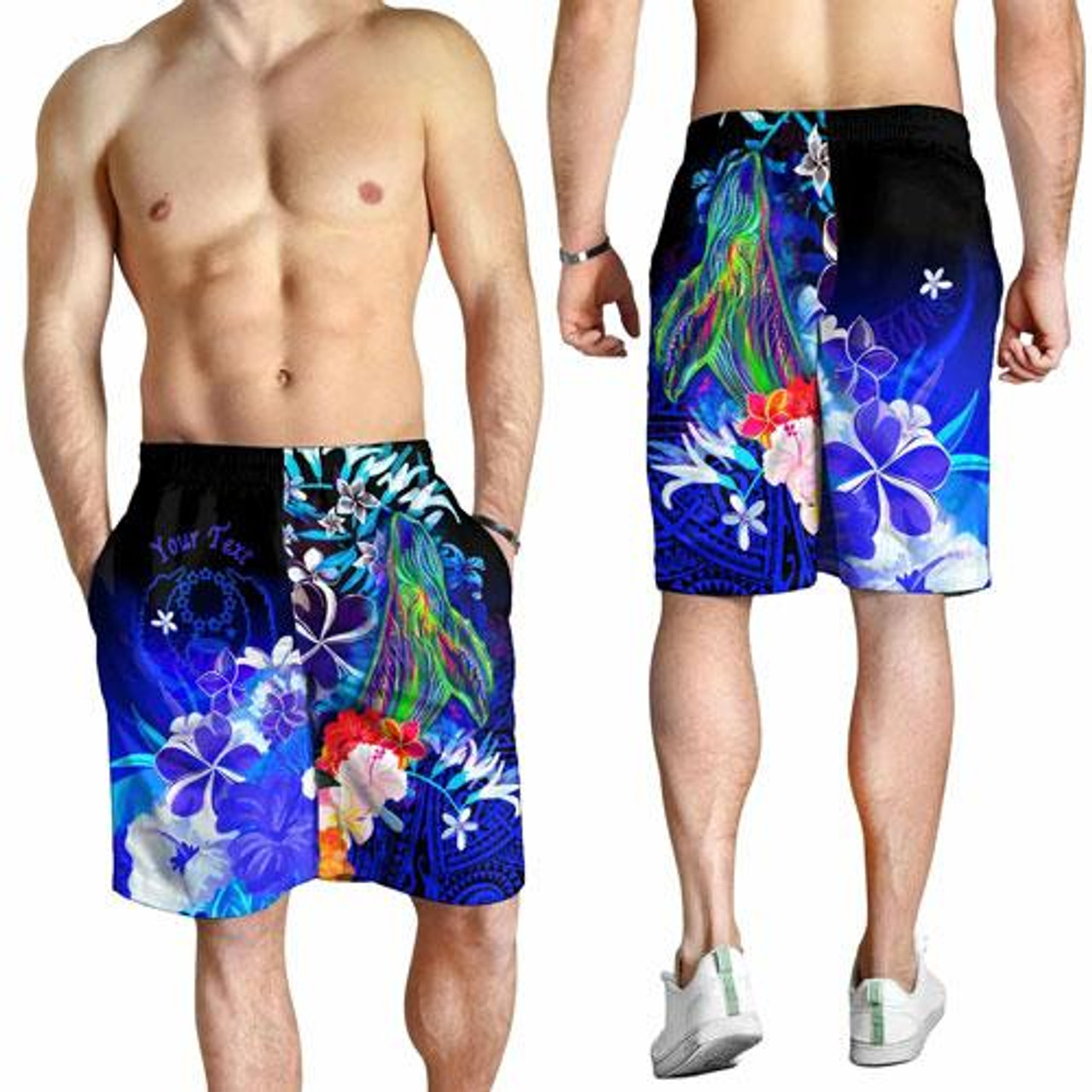 Pohnpei Custom Personalised Men Shorts - Humpback Whale with Tropical Flowers (Blue) 2