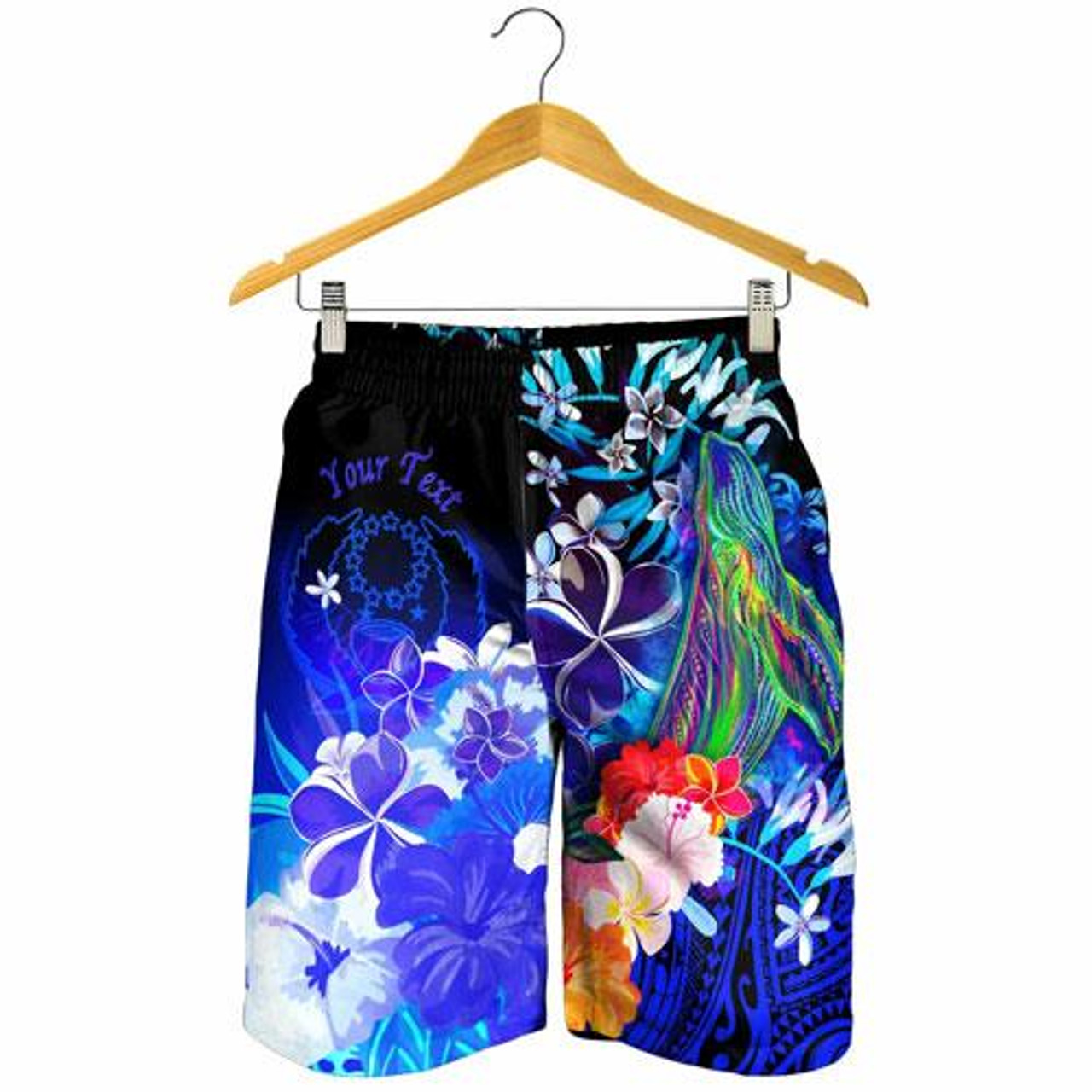 Pohnpei Custom Personalised Men Shorts - Humpback Whale with Tropical Flowers (Blue) 3