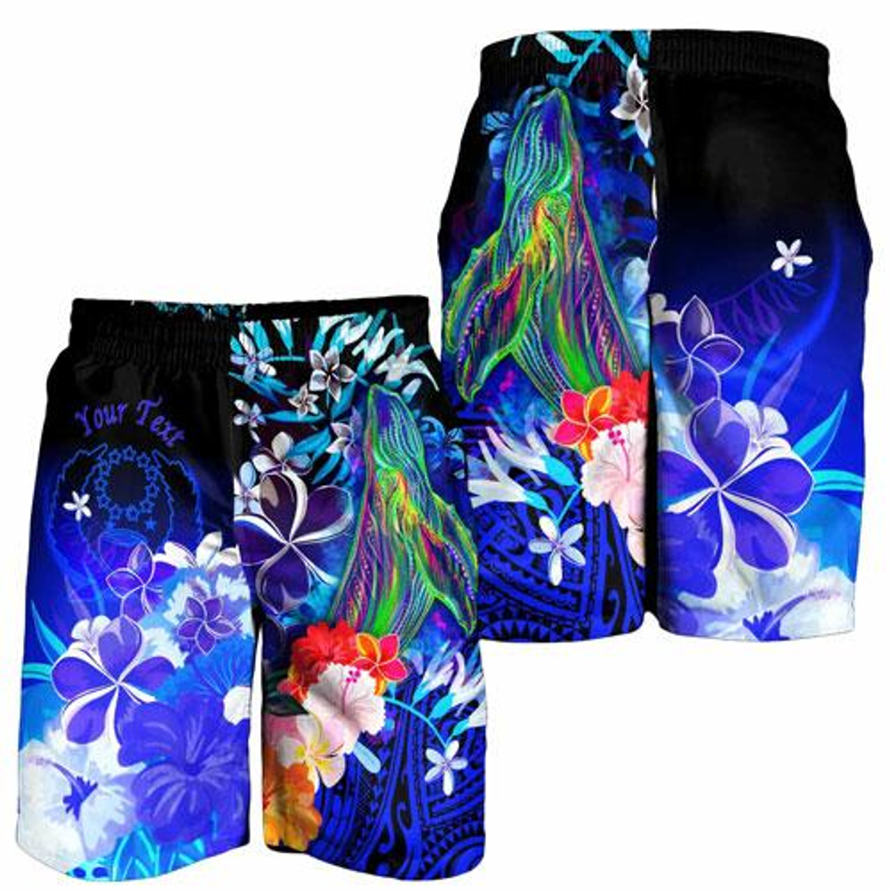 Pohnpei Custom Personalised Men Shorts - Humpback Whale with Tropical Flowers (Blue) 4