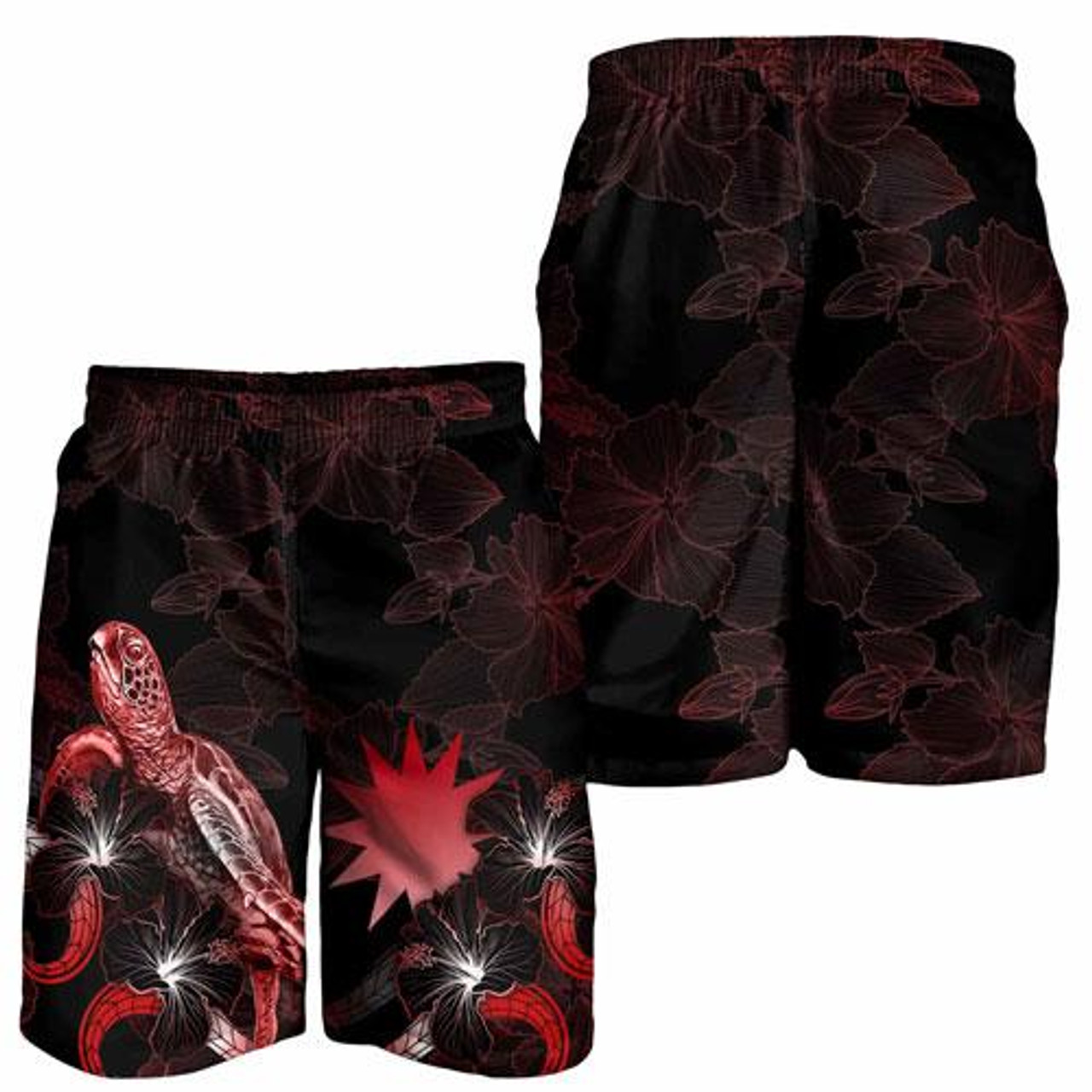 Nauru Polynesian Men Shorts - Turtle With Blooming Hibiscus Red 4
