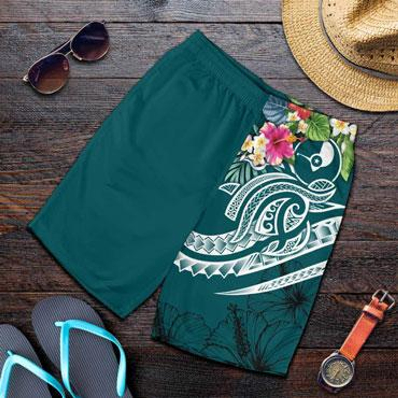 Yap Polynesian Men shorts - Summer Plumeria (Turquoise) 1