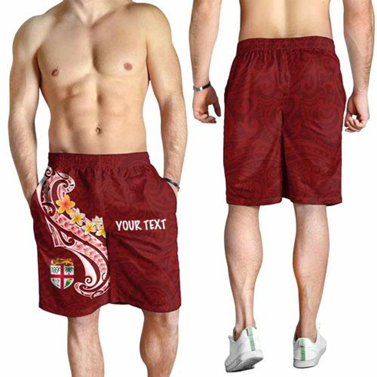 Fiji Custom Personalised Men Short - Fiji Seal Polynesian Patterns Plumeria (Red) 4