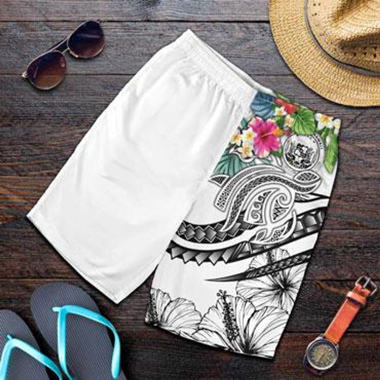 Polynesian Hawaii Men Shorts - Summer Plumeria (White) 1