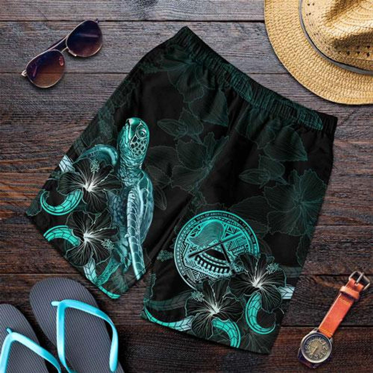 American Samoa Polynesian Men Shorts - Turtle With Blooming Hibiscus Turquoise 1