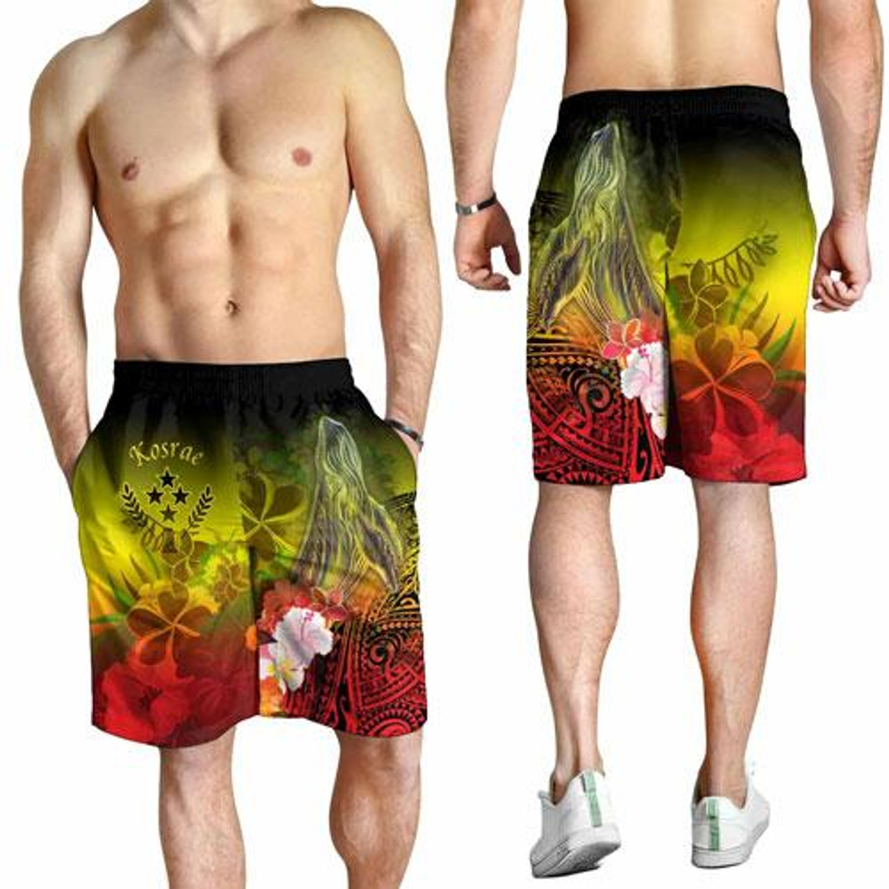 Kosrae Men Shorts - Humpback Whale with Tropical Flowers (Yellow) 2
