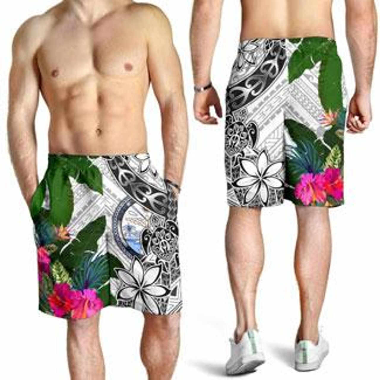 Marshall Islands Men Short White - Turtle Plumeria Banana Leaf Crest 4