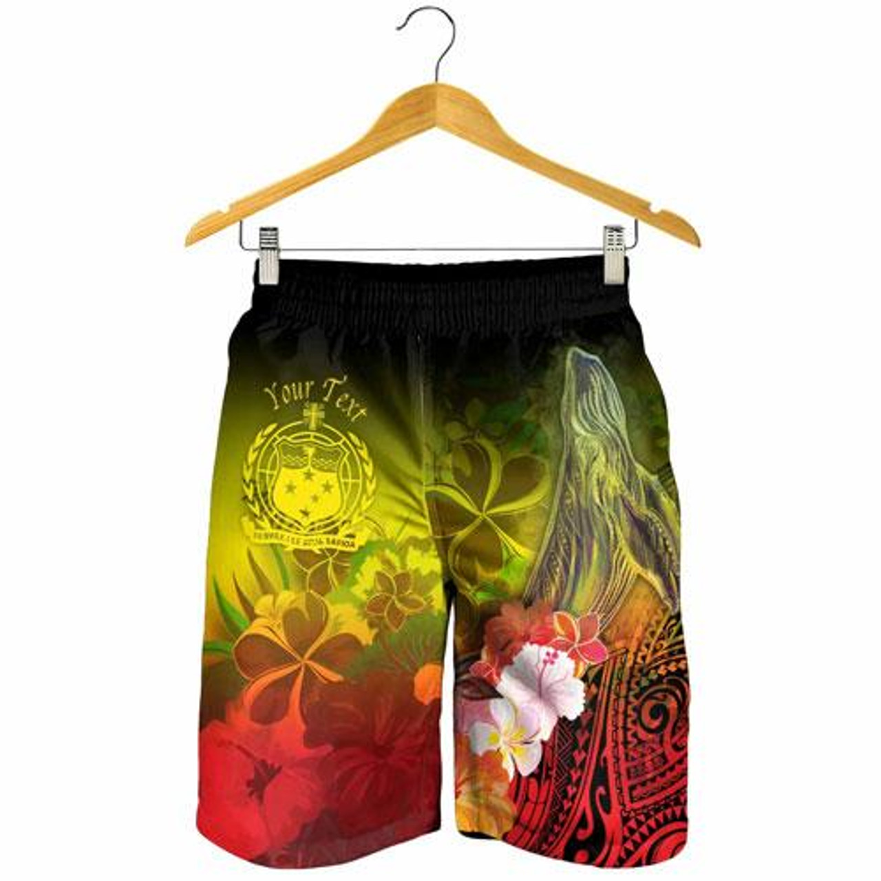 [Custom Personalised] Samoa Men Shorts- Humpback Whale with Tropical Flowers (Yellow) 4