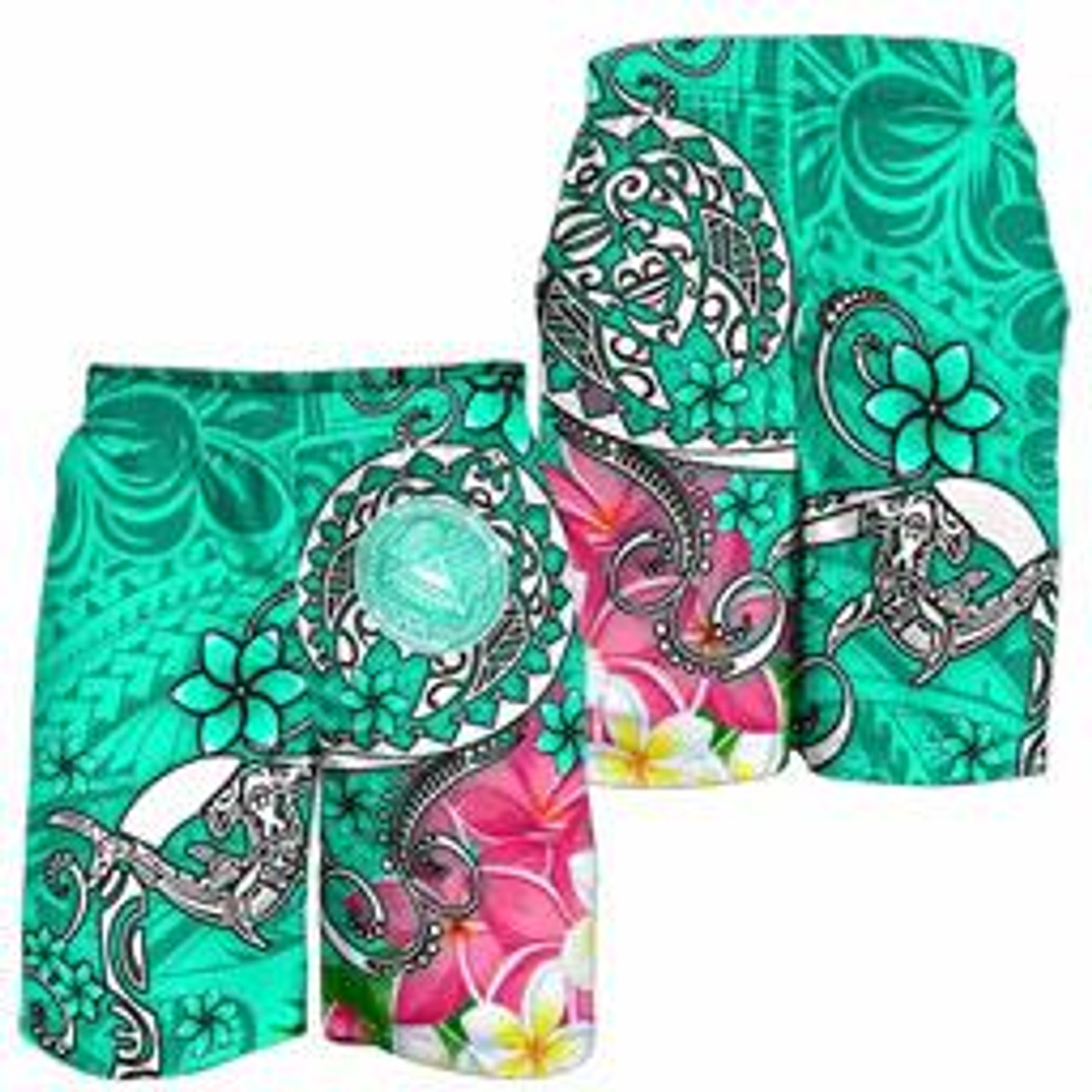 American Samoa Polynesian Men Shorts - Turtle Plumeria (Turquoise) 3