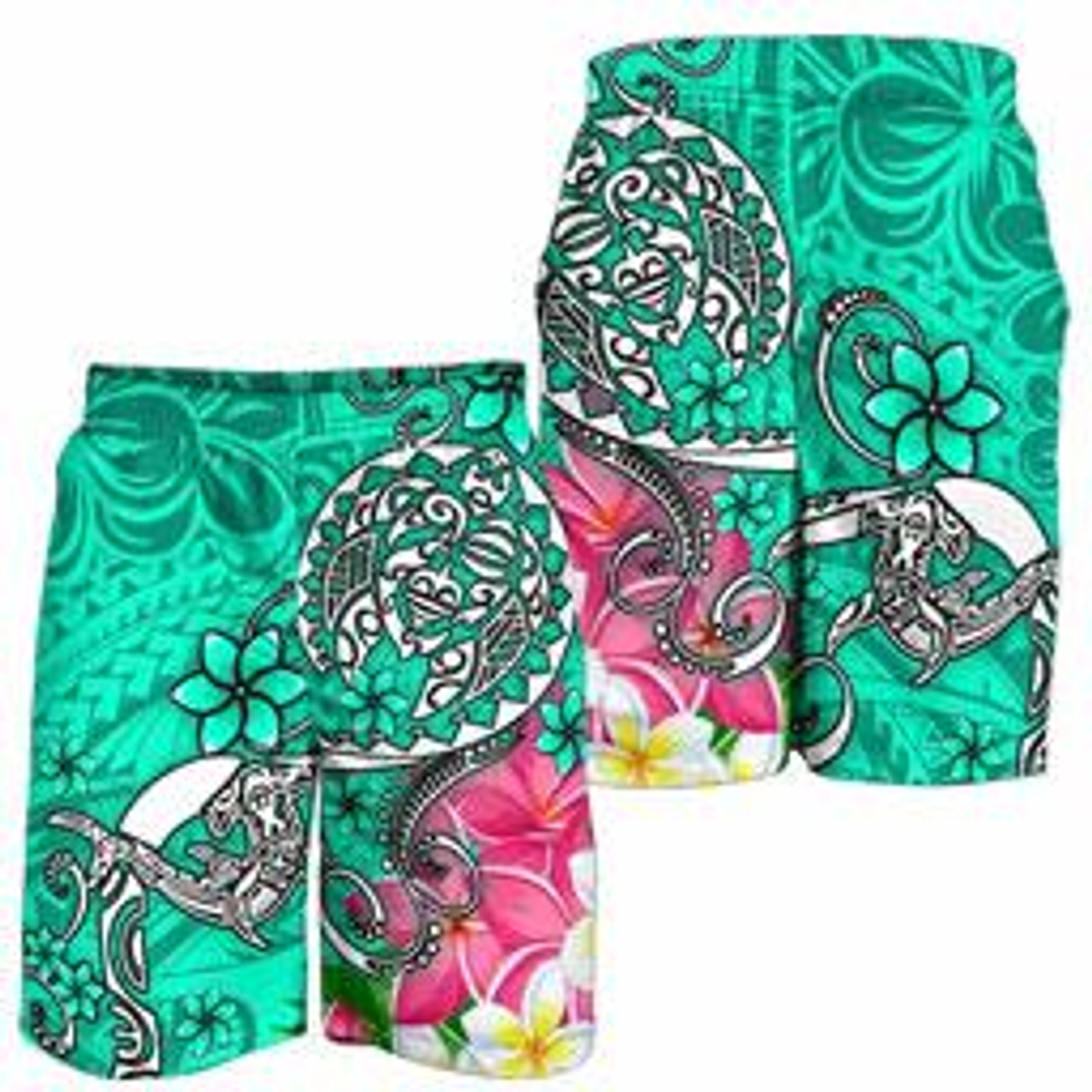 Polynesian Men Shorts - Turtle Plumeria Turquoise Color 3