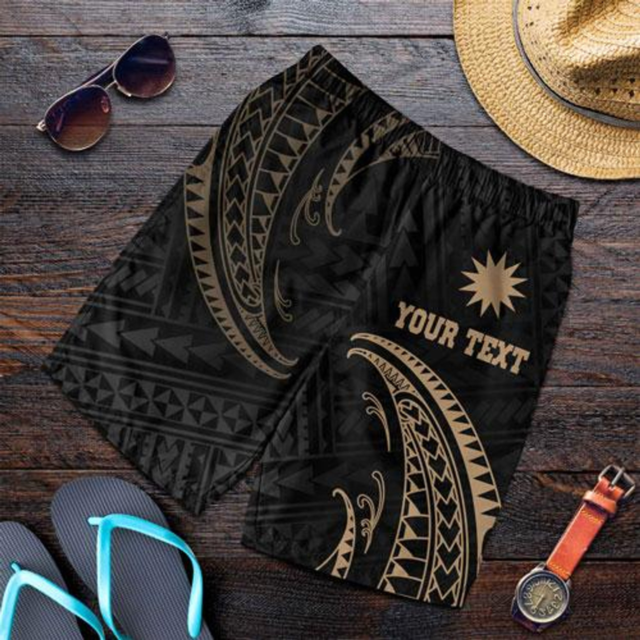 Nauru Polynesian Custom Personalised Men Short - Gold Tribal Wave 2