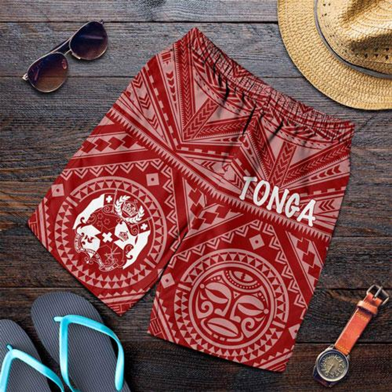 Tonga Men Short - Tonga Seal With Polynesian Tattoo Style (Red) 1