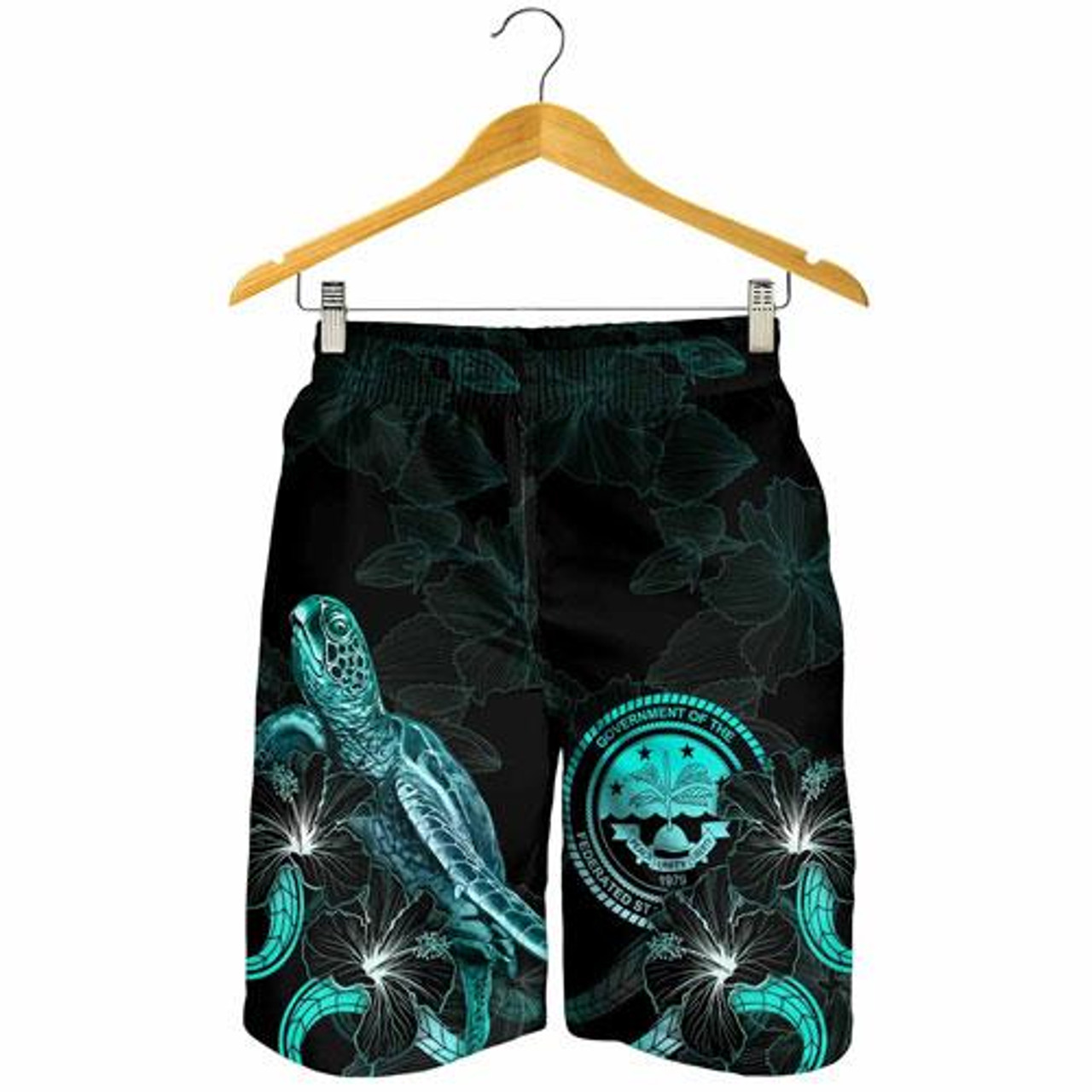 Federated States of Micronesia Polynesian Men Shorts - Turtle With Blooming Hibiscus Turquoise 3