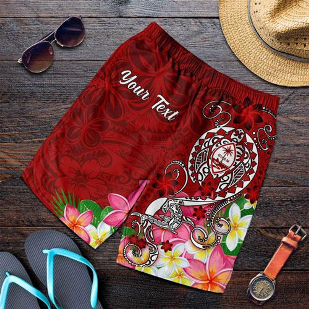 Guam Custom Personalised Men Shorts - Turtle Plumeria (Red) 1