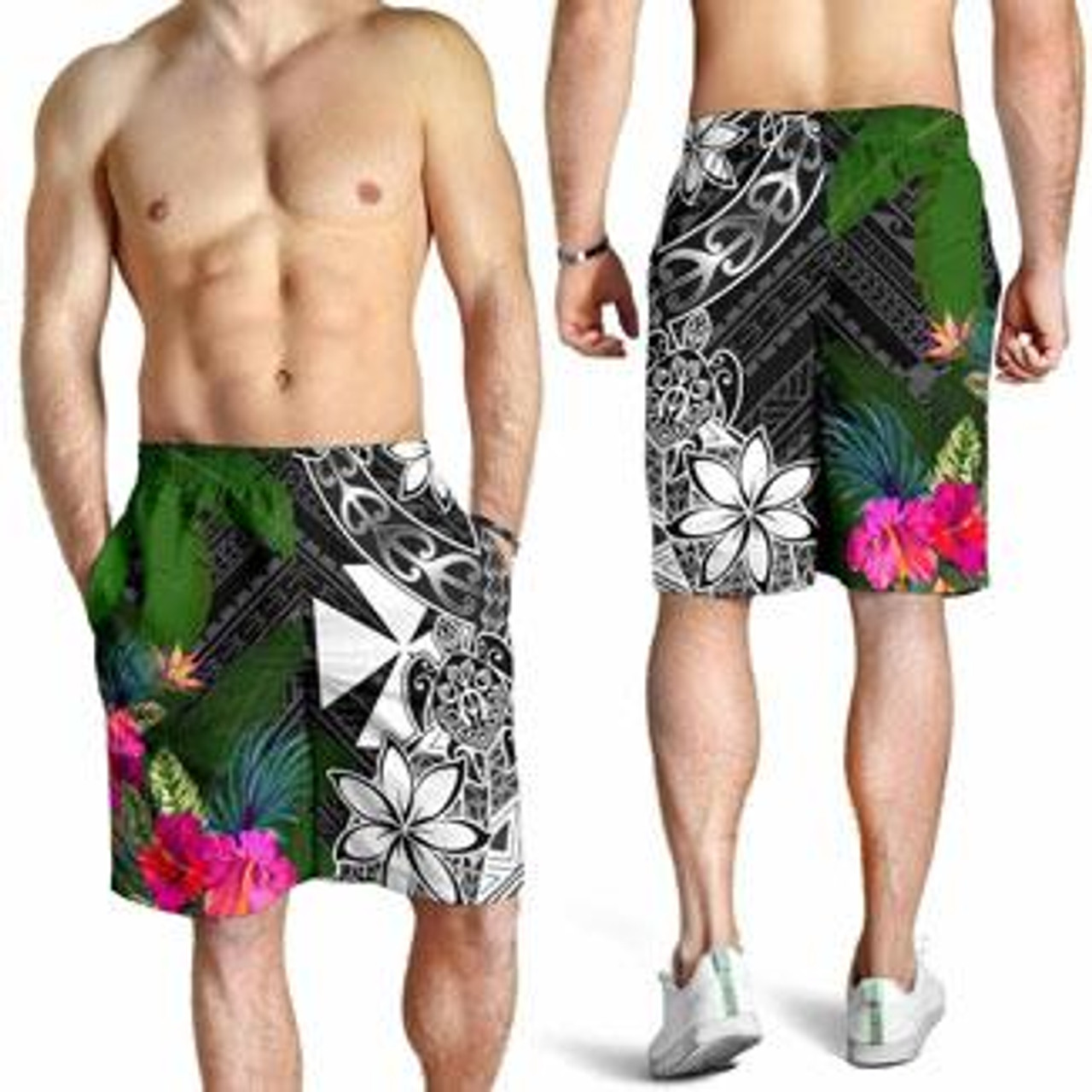 Wallis and Futuna Men Shorts - Turtle Plumeria Banana Leaf 2