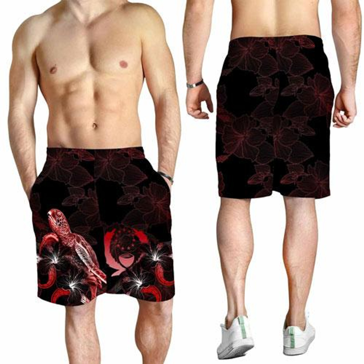 Pohnpei Polynesian Men Shorts - Turtle With Blooming Hibiscus Red 2