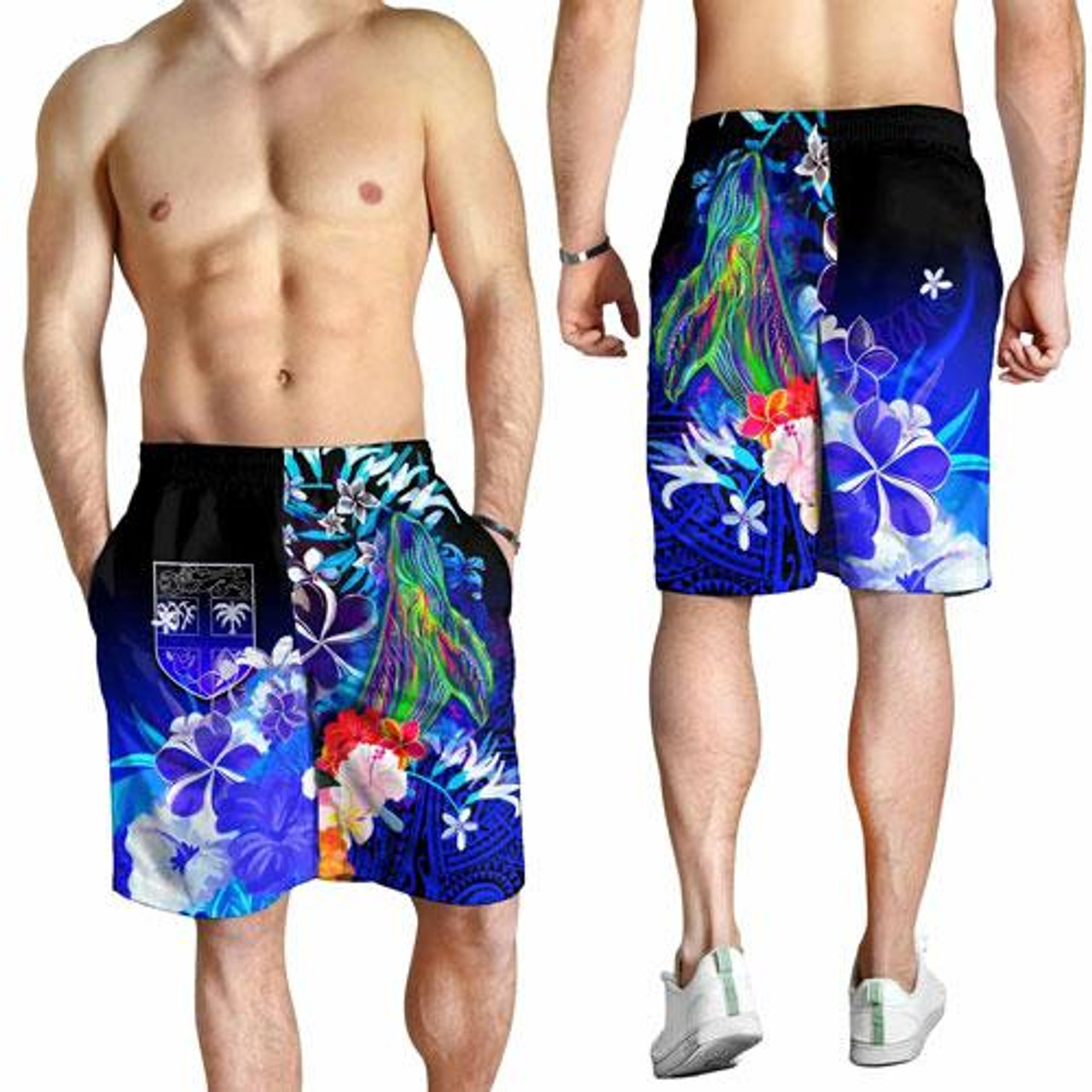 Fiji Men Shorts - Humpback Whale with Tropical Flowers (Blue) 3