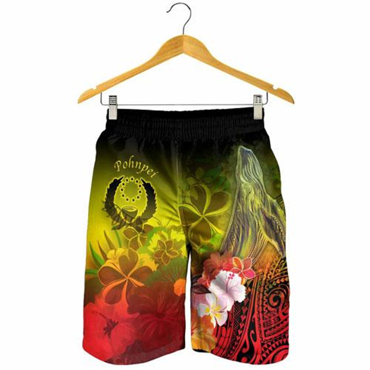 Pohnpei Men Shorts - Humpback Whale with Tropical Flowers (Yellow) 2
