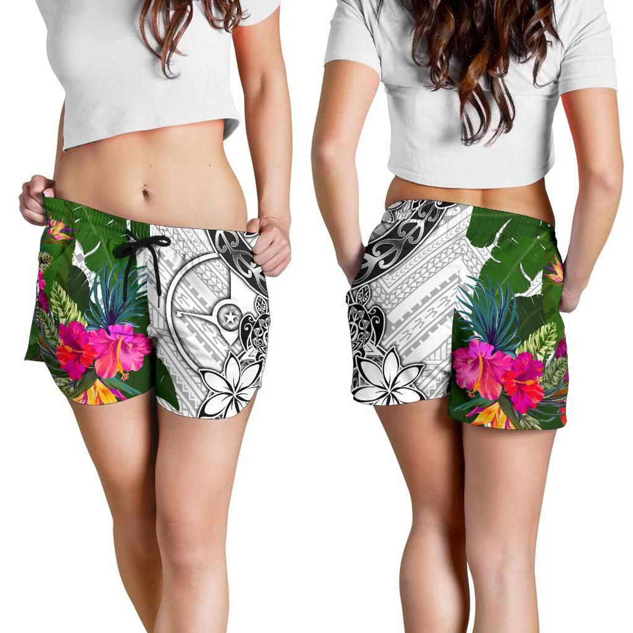 Yap Women Shorts White - Turtle Plumeria Banana Leaf 4