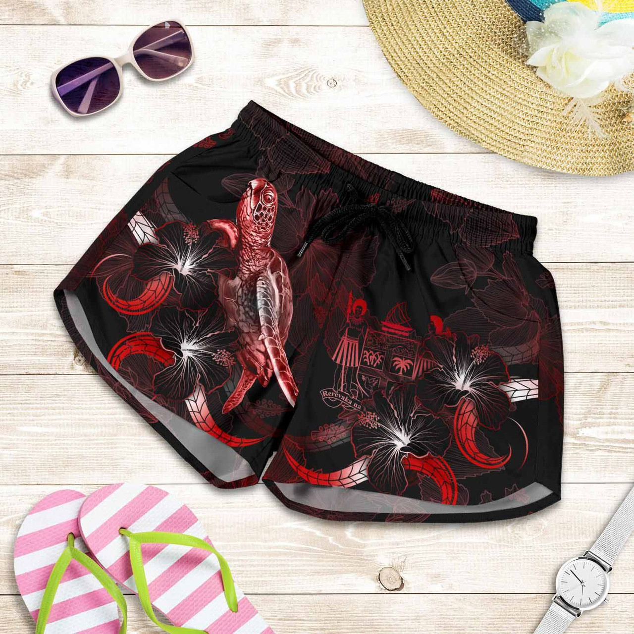 Fiji Polynesian Women Shorts - Turtle With Blooming Hibiscus Red 1