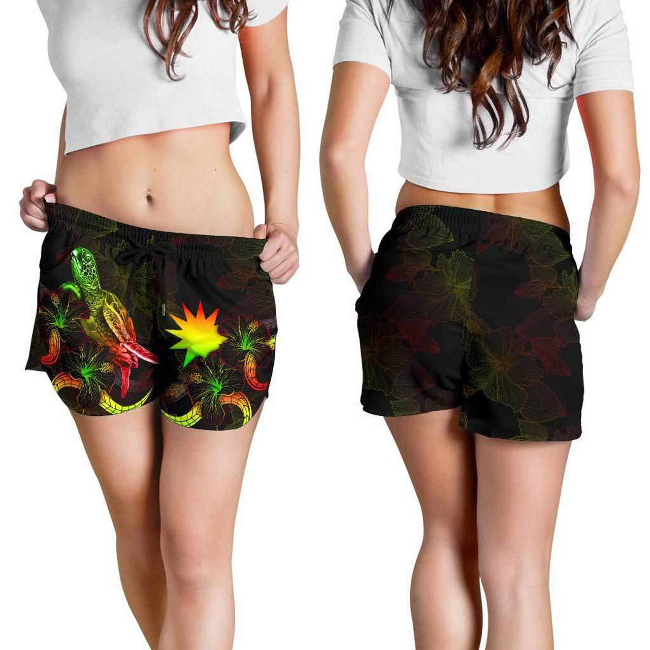 Nauru Polynesian Women Shorts - Turtle With Blooming Hibiscus Reggae 4