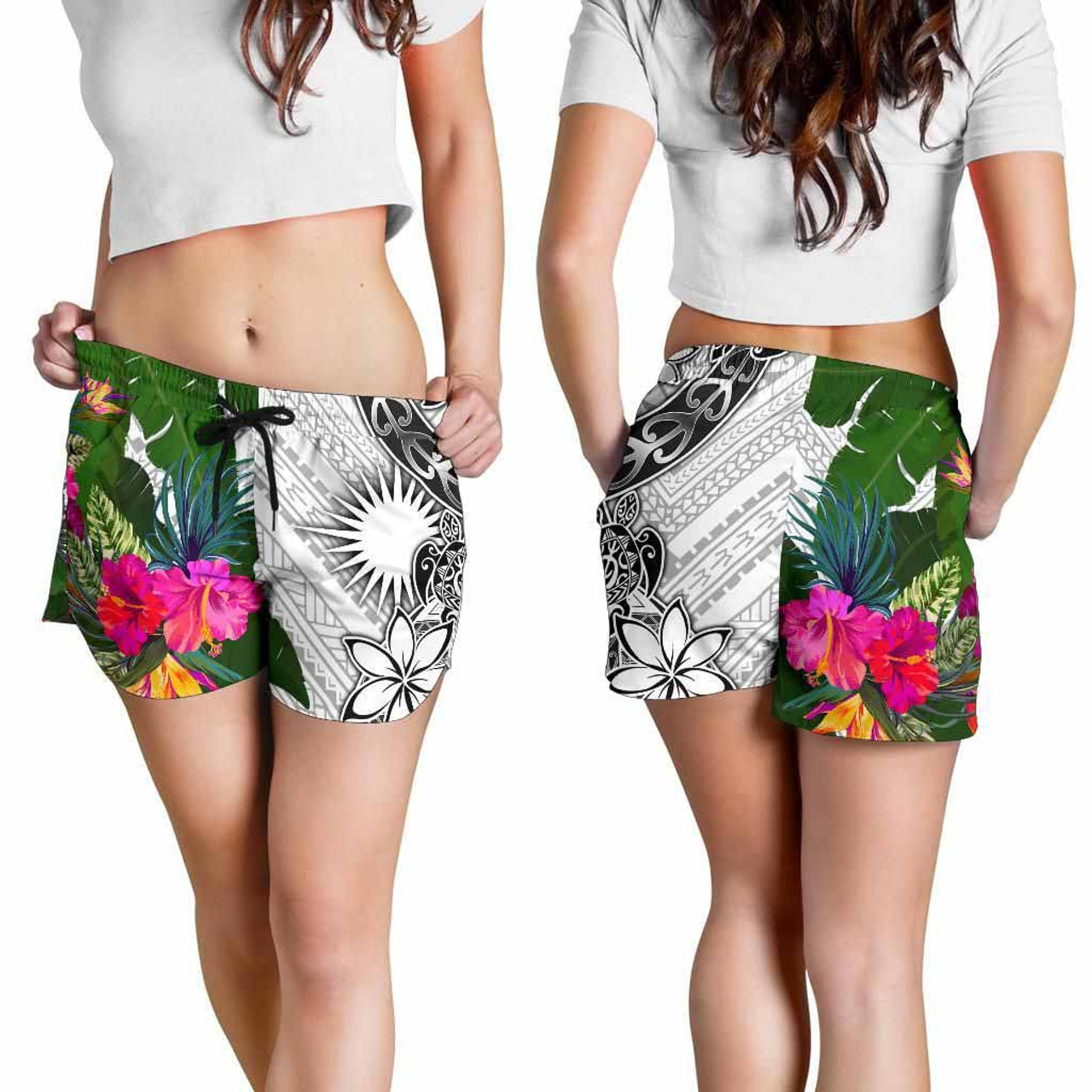 Marshall Islands Women Shorts White - Turtle Plumeria Banana Leaf 4