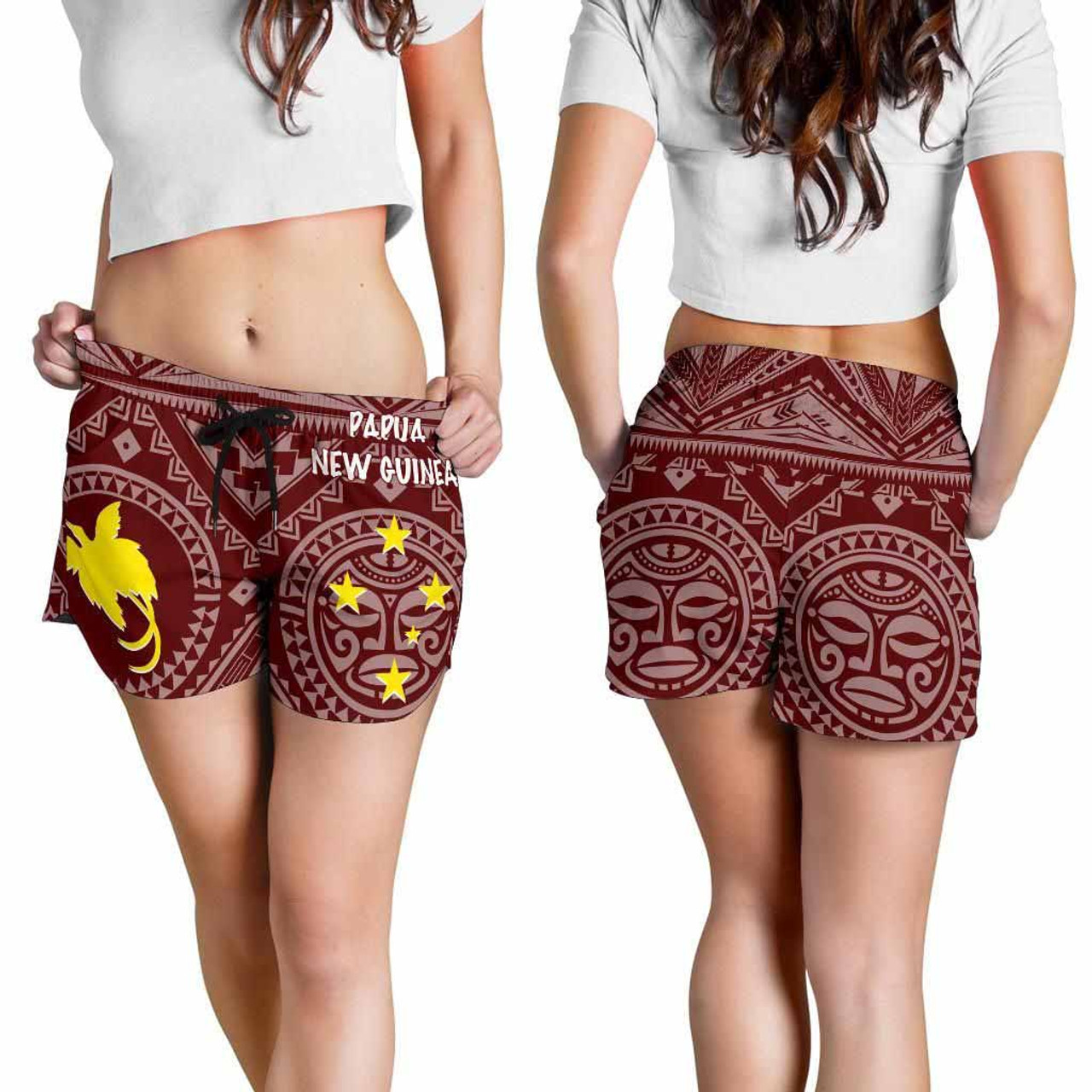 Papua New Guinea Women Shorts - Flag With Polynesian Patterns (Red) 2