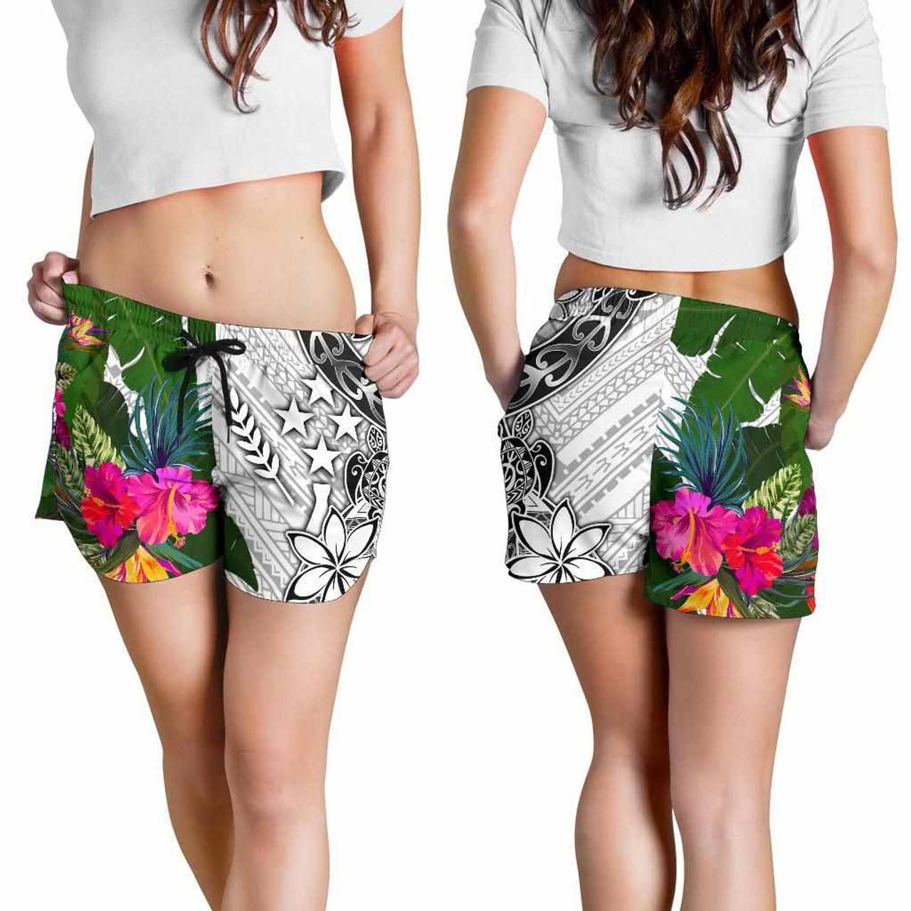 Kosrae Women Shorts White - Turtle Plumeria Banana Leaf 4