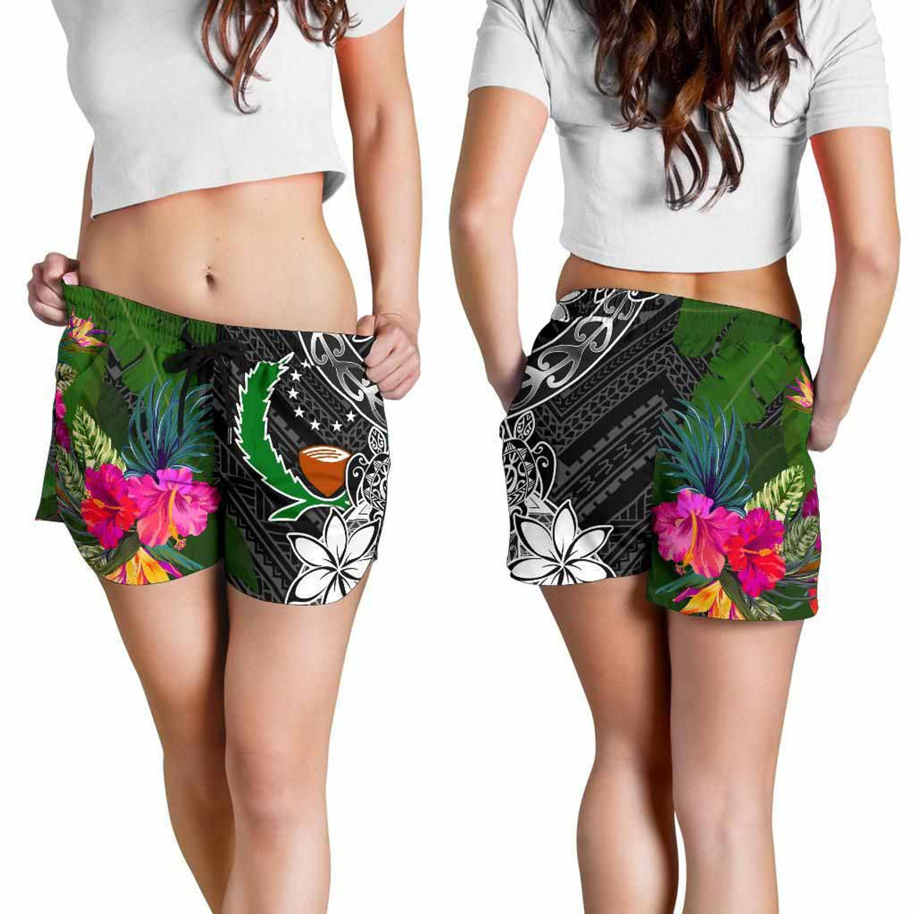 Pohnpei Women Shorts - Turtle Plumeria Banana Leaf 2