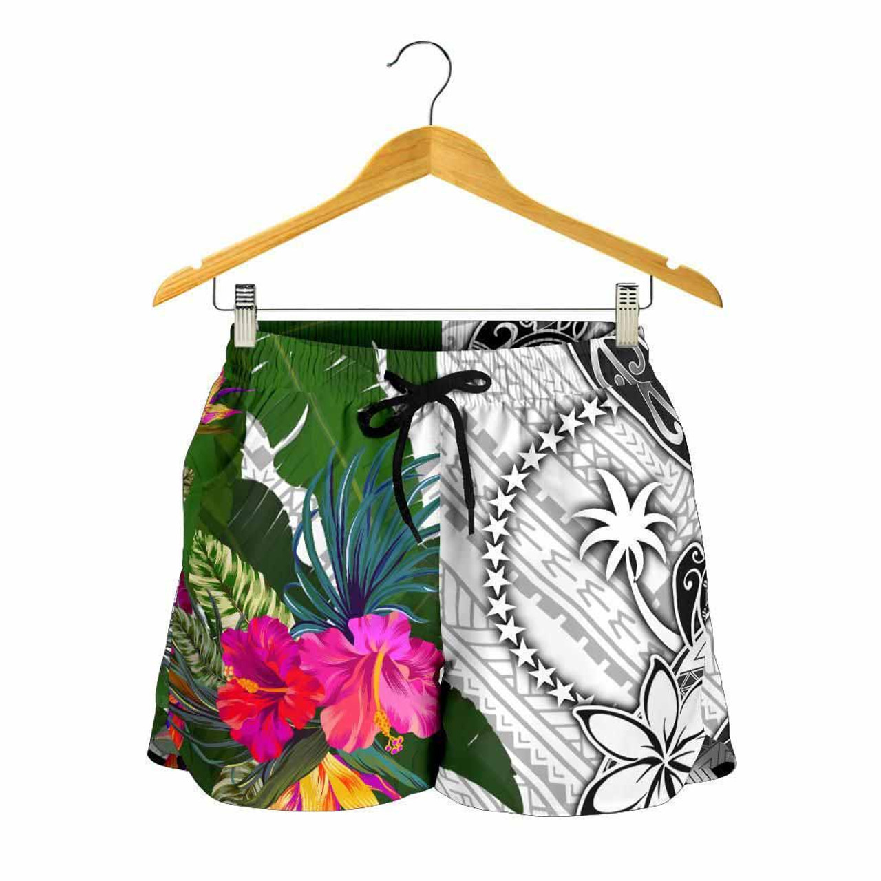 Chuuk Women Shorts White - Turtle Plumeria Banana Leaf 2