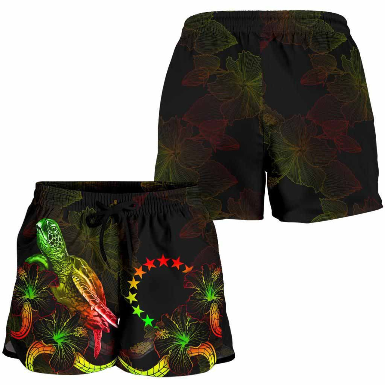 Cook Islands Polynesian Women Shorts - Turtle With Blooming Hibiscus Reggae 3