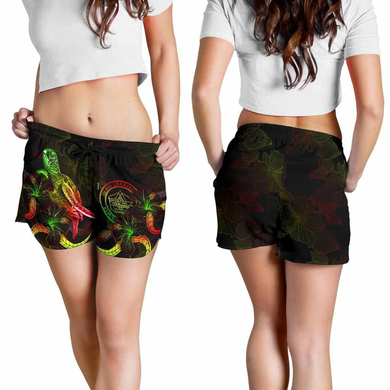 Palau Polynesian Women Shorts - Turtle With Blooming Hibiscus Reggae 4