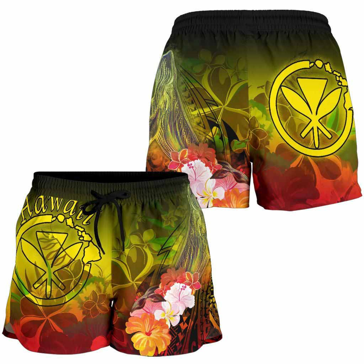 Polynesian Hawaii Women Shorts - Kanaka Maoli Humpback Whale with Tropical Flowers (Yellow) 3