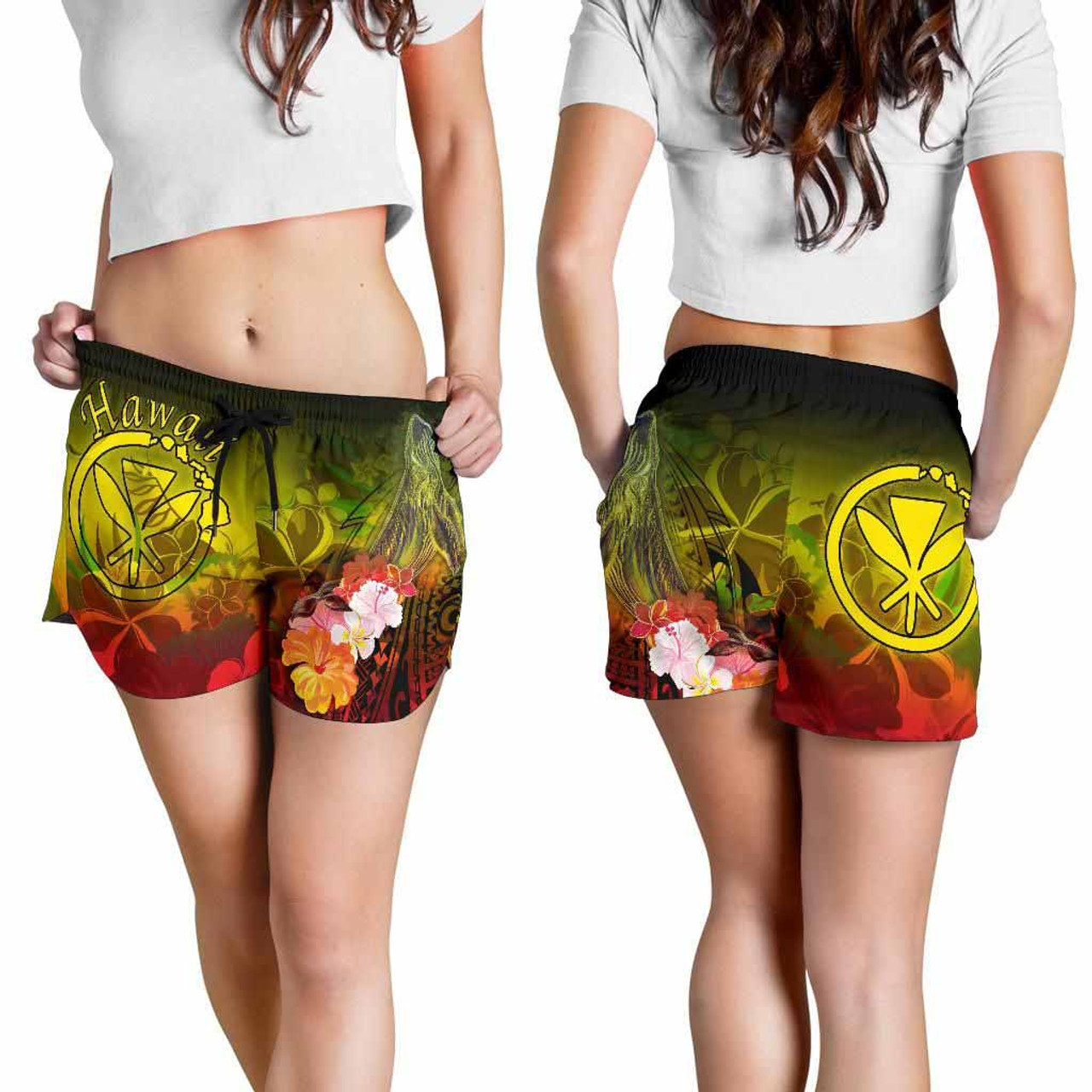 Polynesian Hawaii Women Shorts - Kanaka Maoli Humpback Whale with Tropical Flowers (Yellow) 4