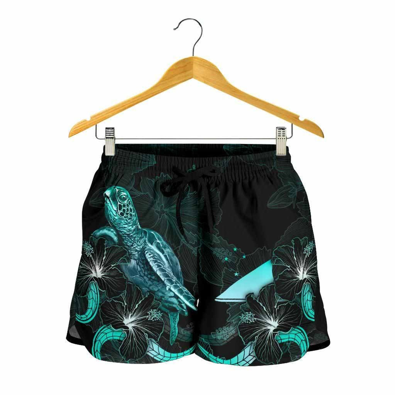 Tokelau Polynesian Women Shorts - Turtle With Blooming Hibiscus Turquoise 2