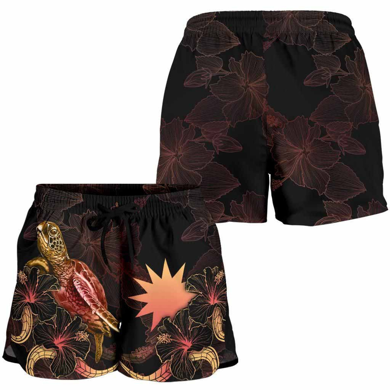 Nauru Polynesian Women Shorts - Turtle With Blooming Hibiscus Gold 3