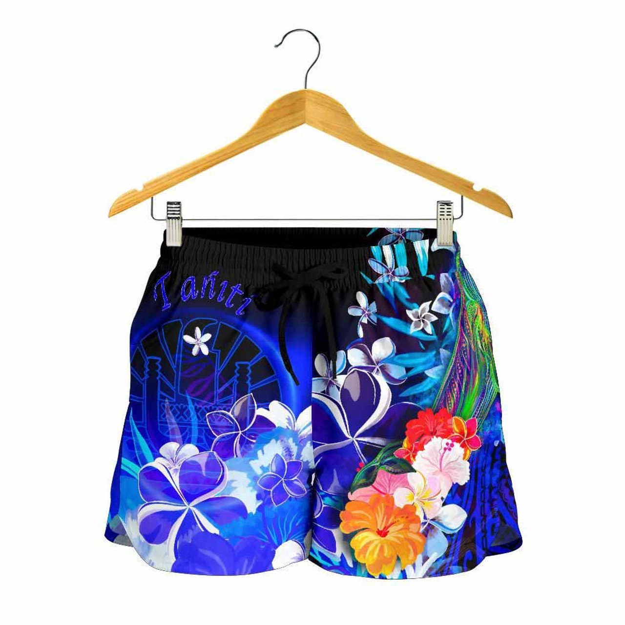 Tahiti Women Shorts - Humpback Whale with Tropical Flowers (Blue) 2