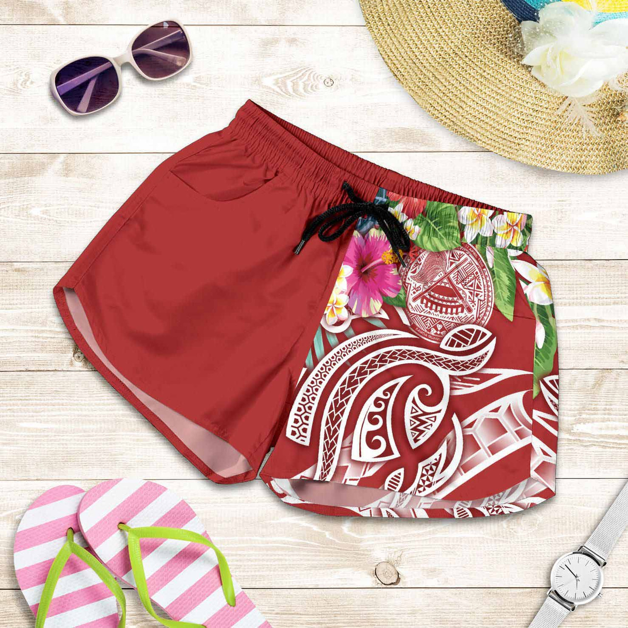 Polynesian American Samoa Women Shorts - Summer Plumeria (Red) 1