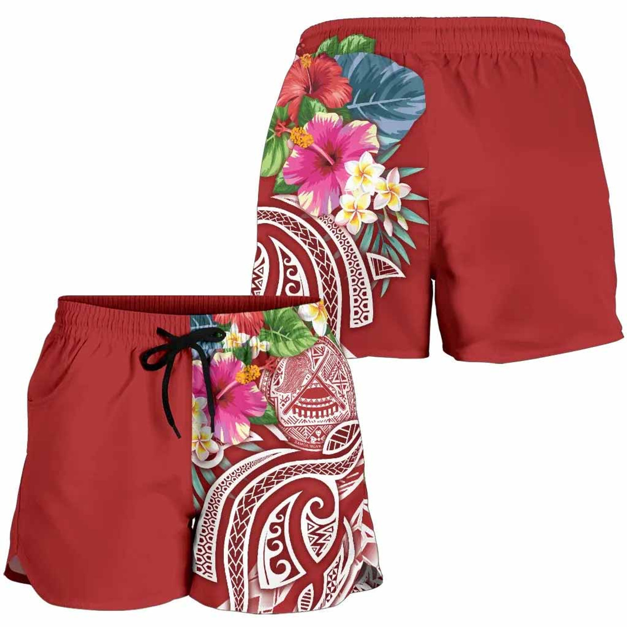 Polynesian American Samoa Women Shorts - Summer Plumeria (Red) 3