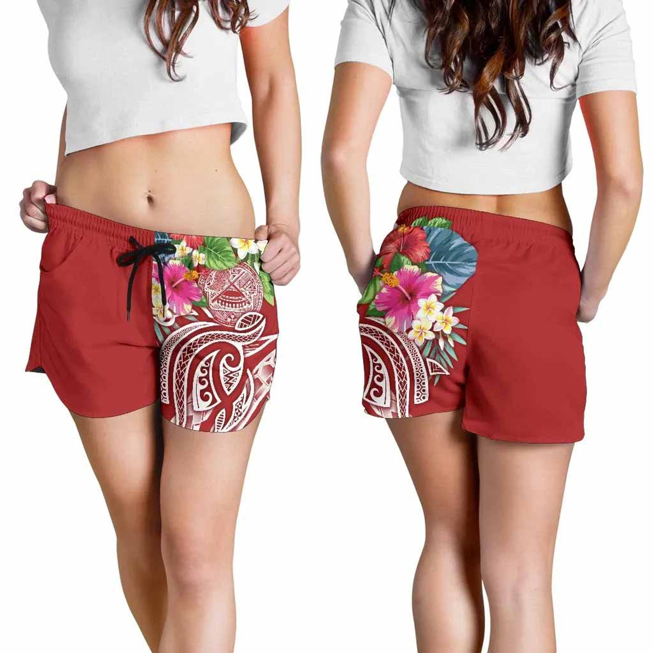 Polynesian American Samoa Women Shorts - Summer Plumeria (Red) 4