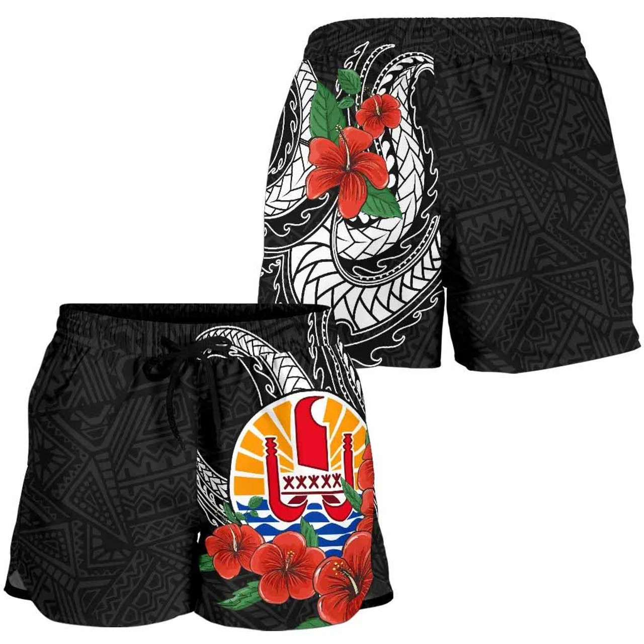 Tahiti Polynesian Women Shorts - Hibiscus Coat of Arm Black 2