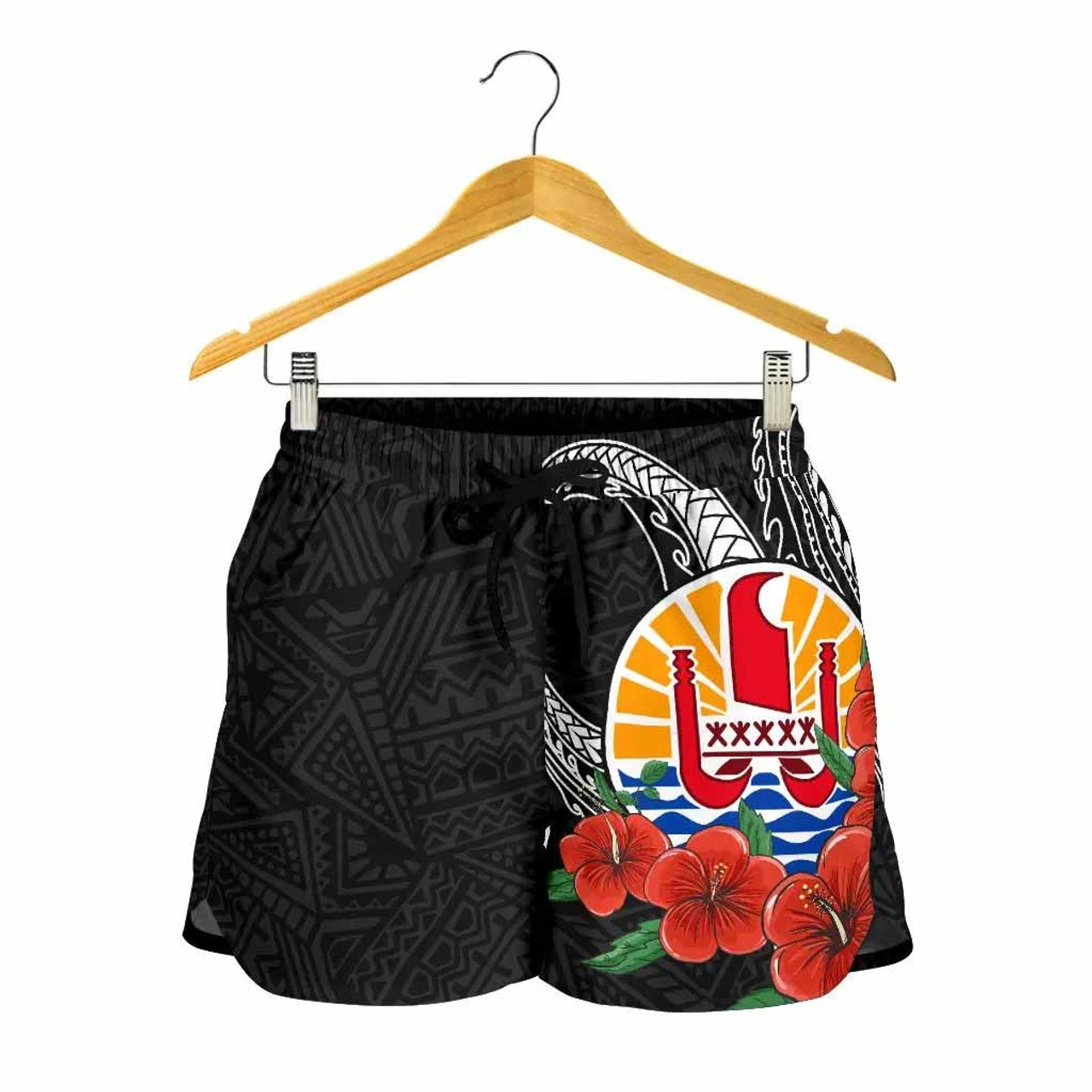 Tahiti Polynesian Women Shorts - Hibiscus Coat of Arm Black 4