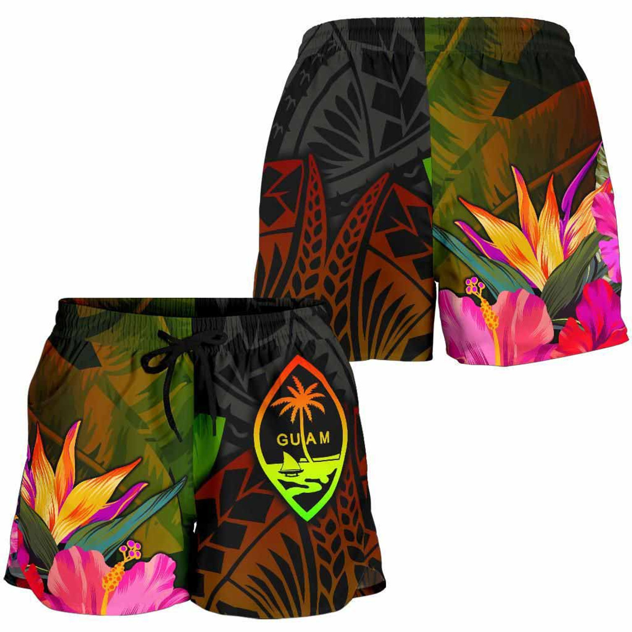 Guam Polynesian Women Shorts - Hibiscus and Banana Leaves 3