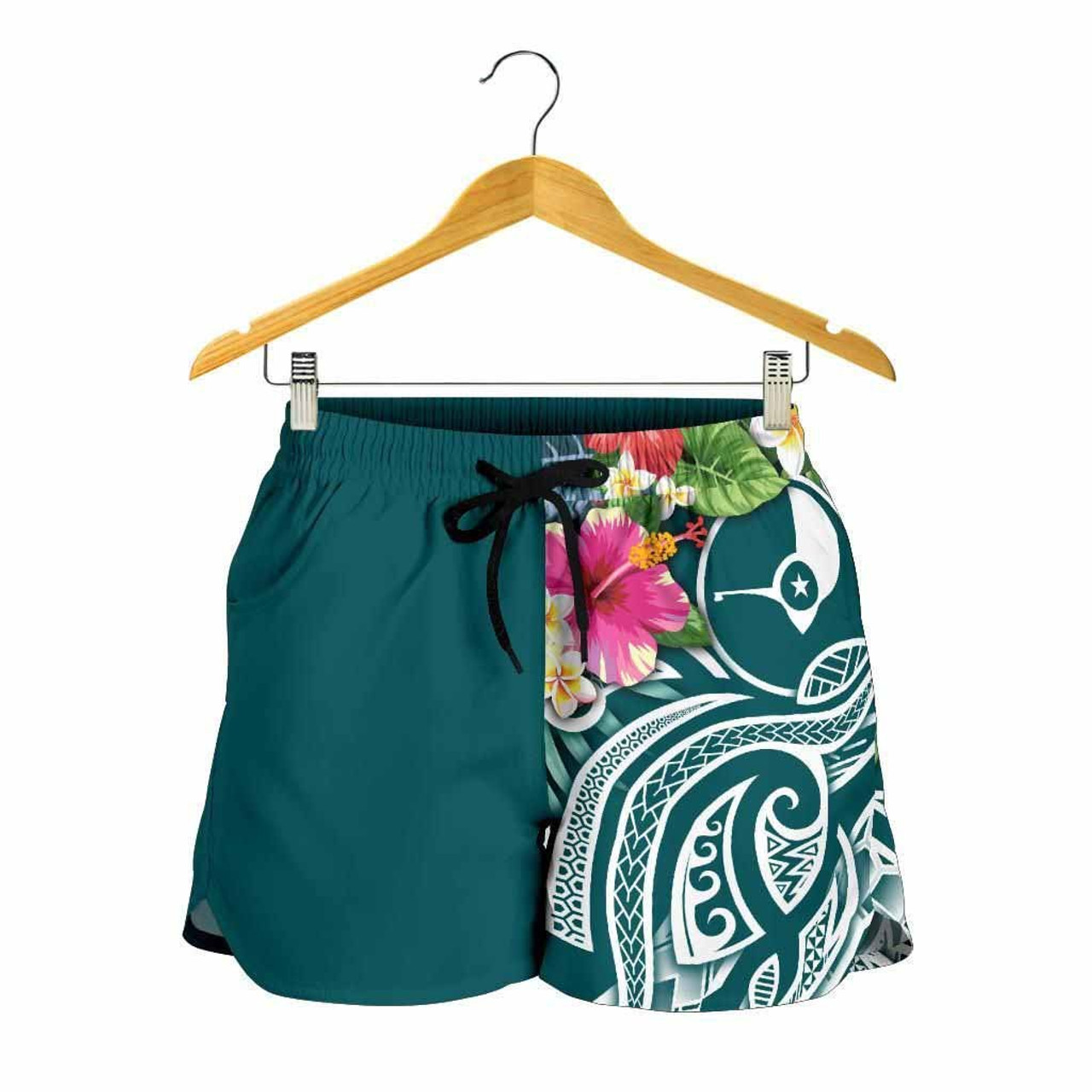 Yap Polynesian Women Shorts - Summer Plumeria (Turquoise) 2