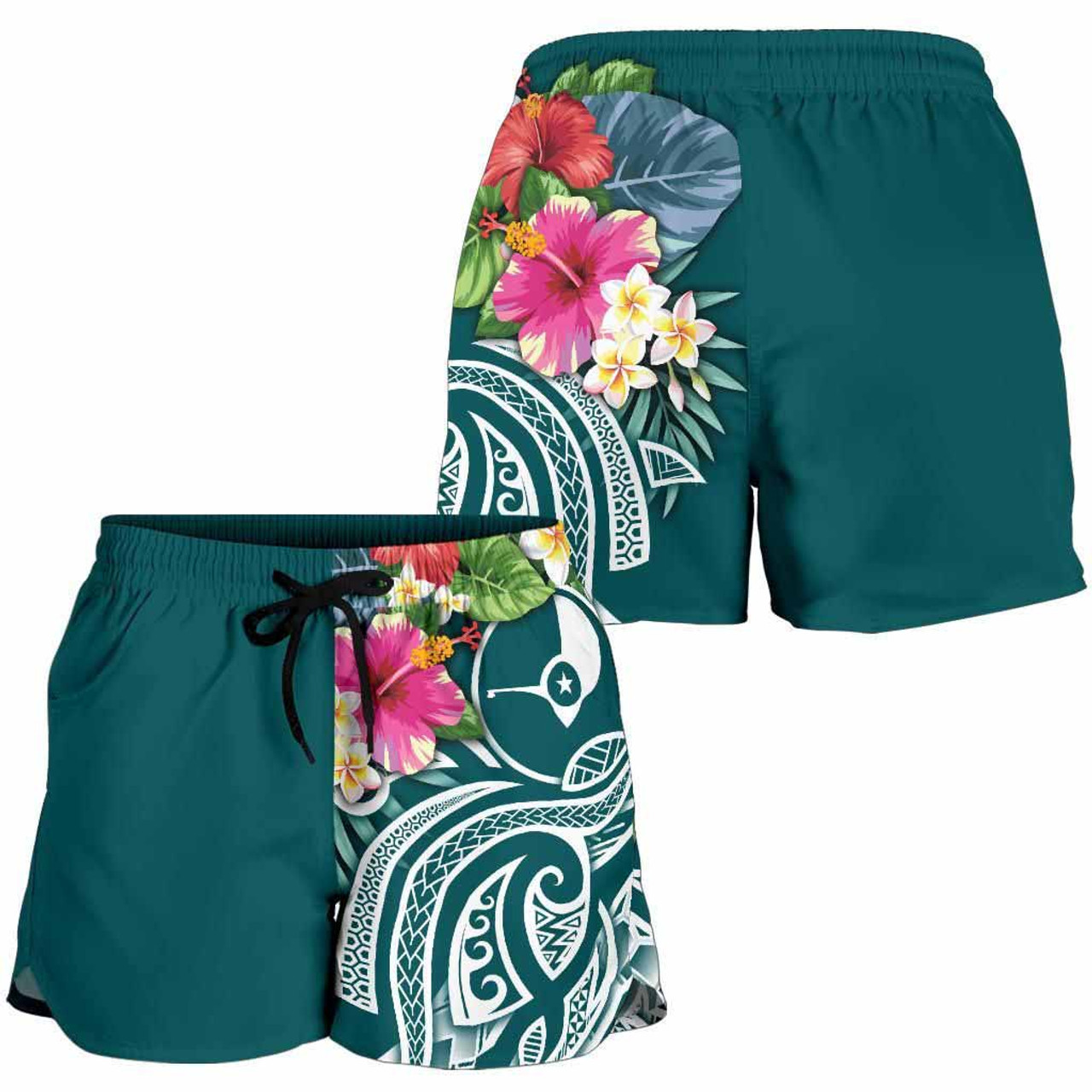 Yap Polynesian Women Shorts - Summer Plumeria (Turquoise) 3