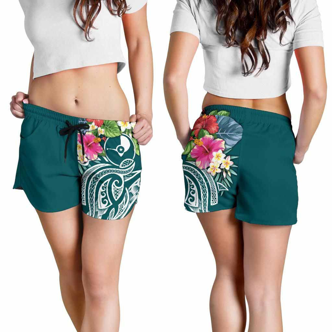 Yap Polynesian Women Shorts - Summer Plumeria (Turquoise) 4