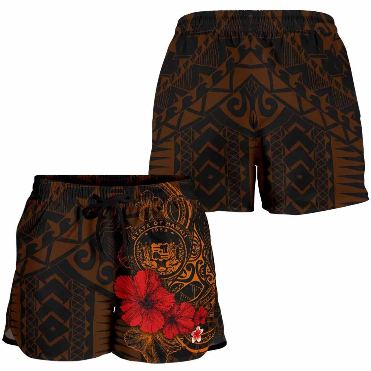 Polynesian Hawaii Women Shorts - Humpback Whale with Hibiscus (Golden) 3